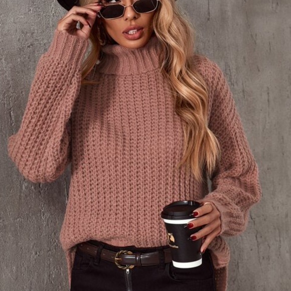 Cozy Dark Pink Oversized Turtleneck Loose Knit Sweater Top - Picture 2 of 4
